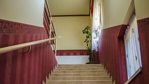 Eine Treppe mit Handlauf, die zu einer Zwischenebene mit Heizkörper und Topfpflanze führt.