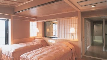 Twin Room with Open-Air Bath, Smoking, Half Board | In-room safe, desk, bed sheets