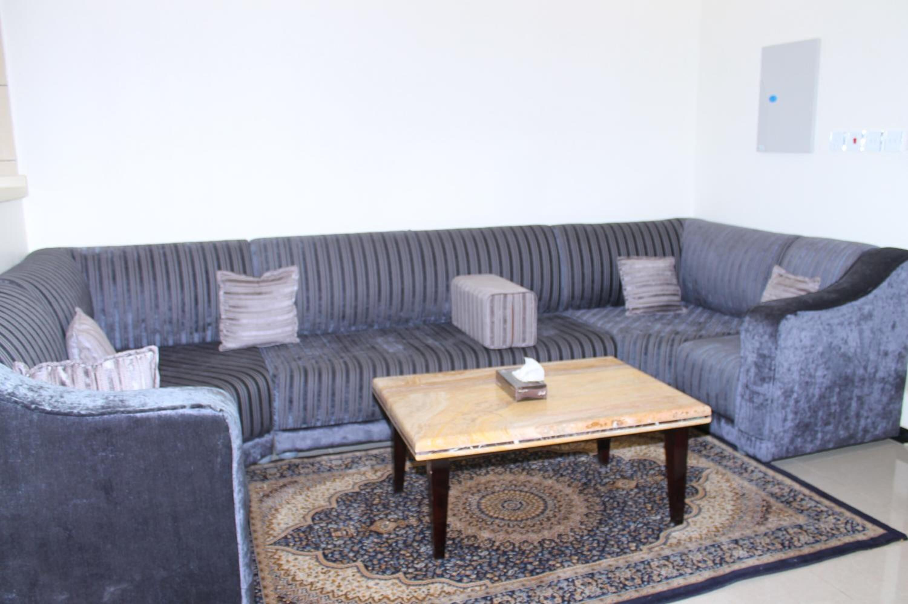 A living room with a grey striped sofa, a small wooden coffee table, and a patterned rug.