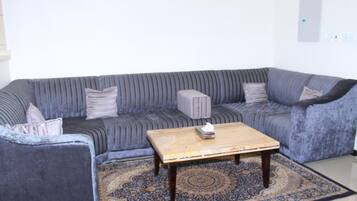 A living room with a grey striped sofa, a small wooden coffee table, and a patterned rug.