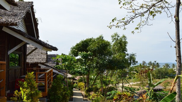 Ein traditionelles Holzhaus mit einem Reetdach, umgeben von üppiger Vegetation und einem Weg zum Strand.