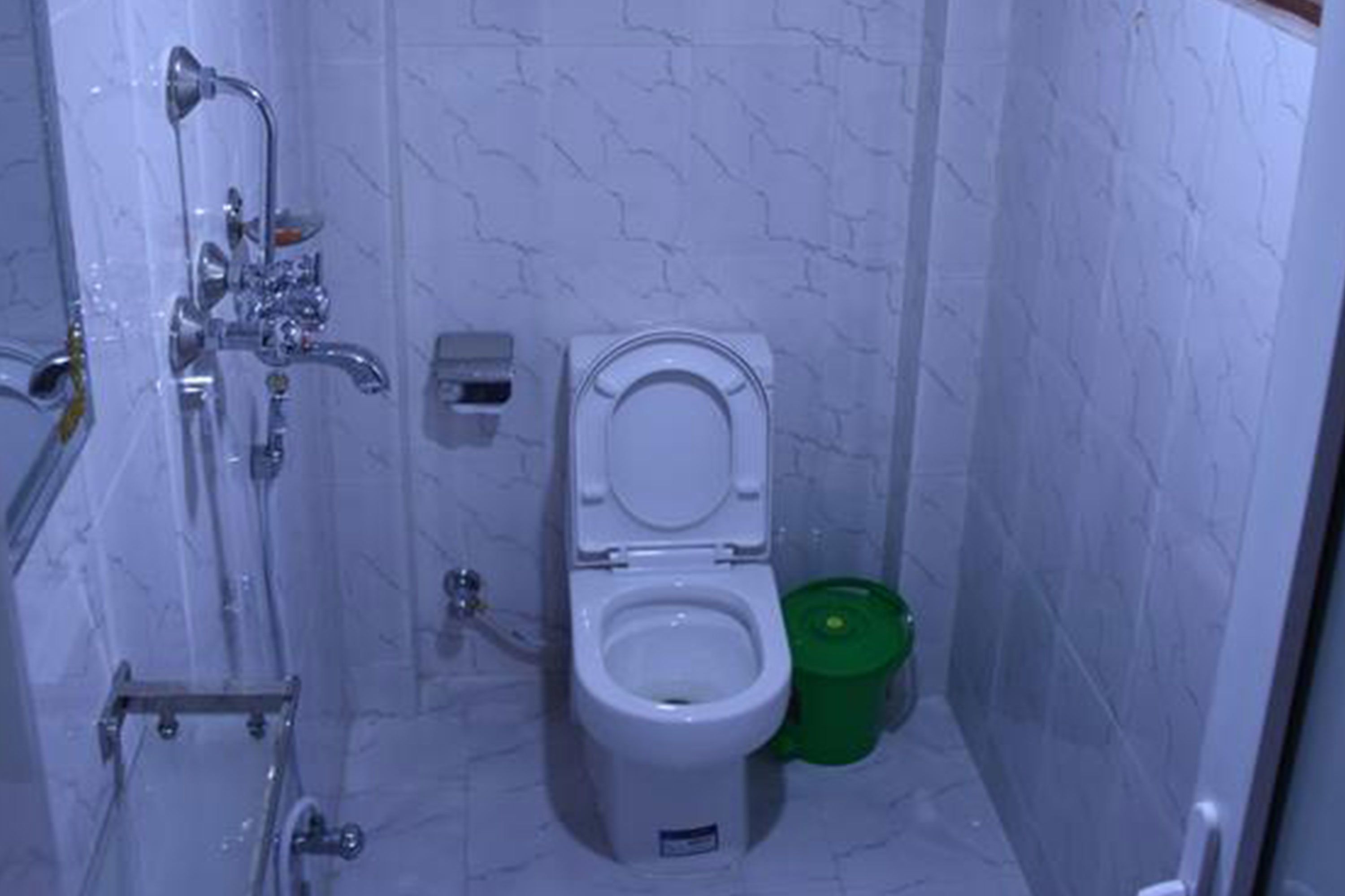 A small bathroom with a toilet, a shower, and a green trash bin.