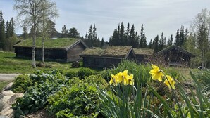 Un paysage rural avec des cabanes en bois traditionnelles, dont certaines sont surmontées de toits de chaume, le tout entouré de verdure et d’arbres.