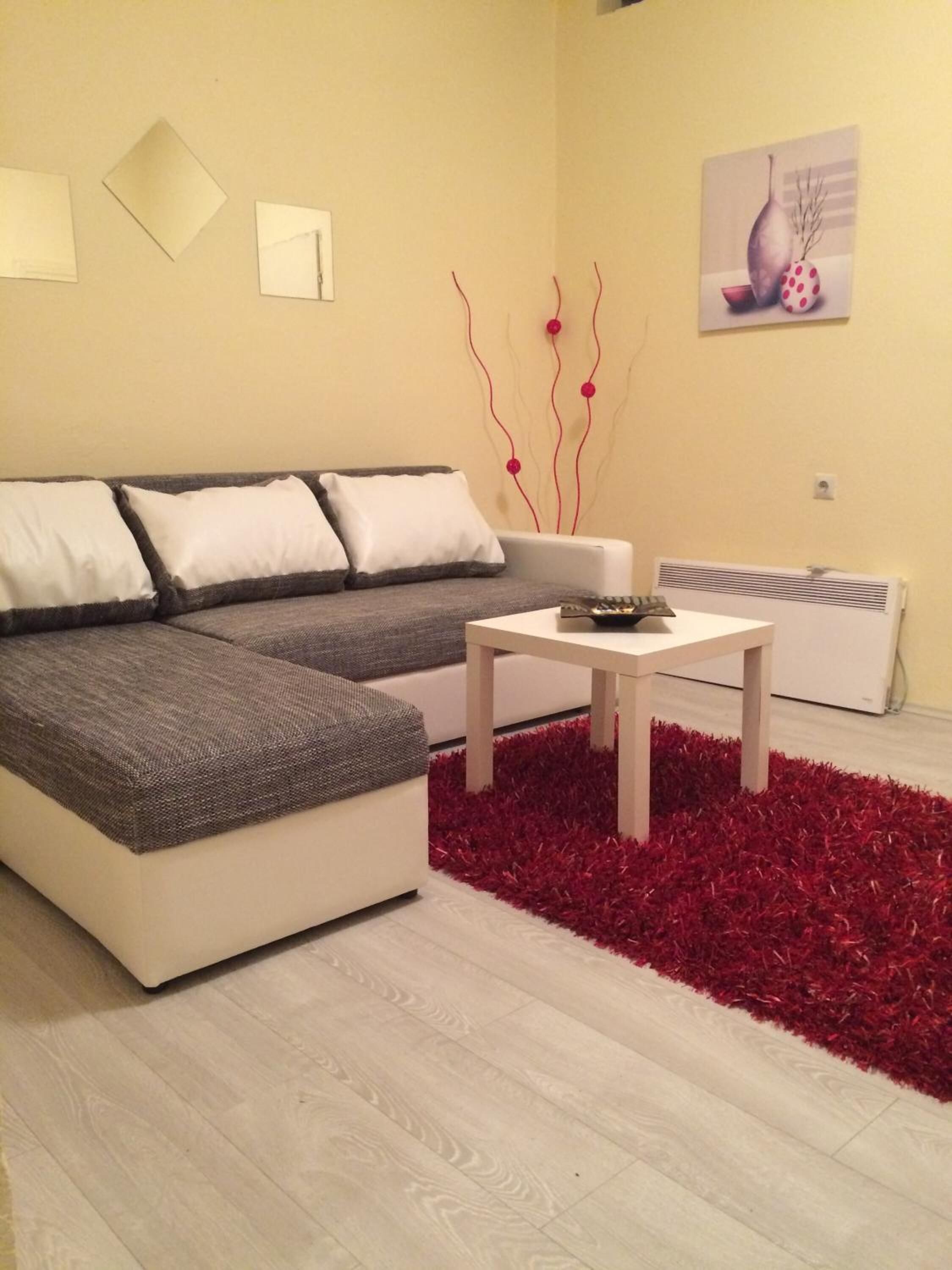 Un salon moderne avec un canapé gris, des coussins blancs, une petite table blanche et un tapis rouge à longues mèches.