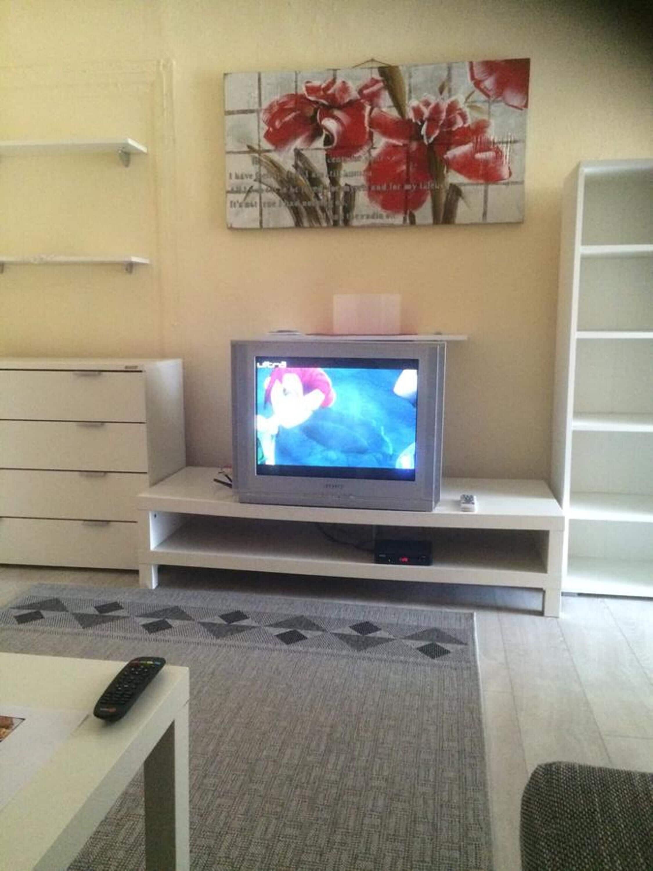 Een woonkamer met een televisie op een dressoir, een witte bank, een salontafel en een schilderij aan de muur.