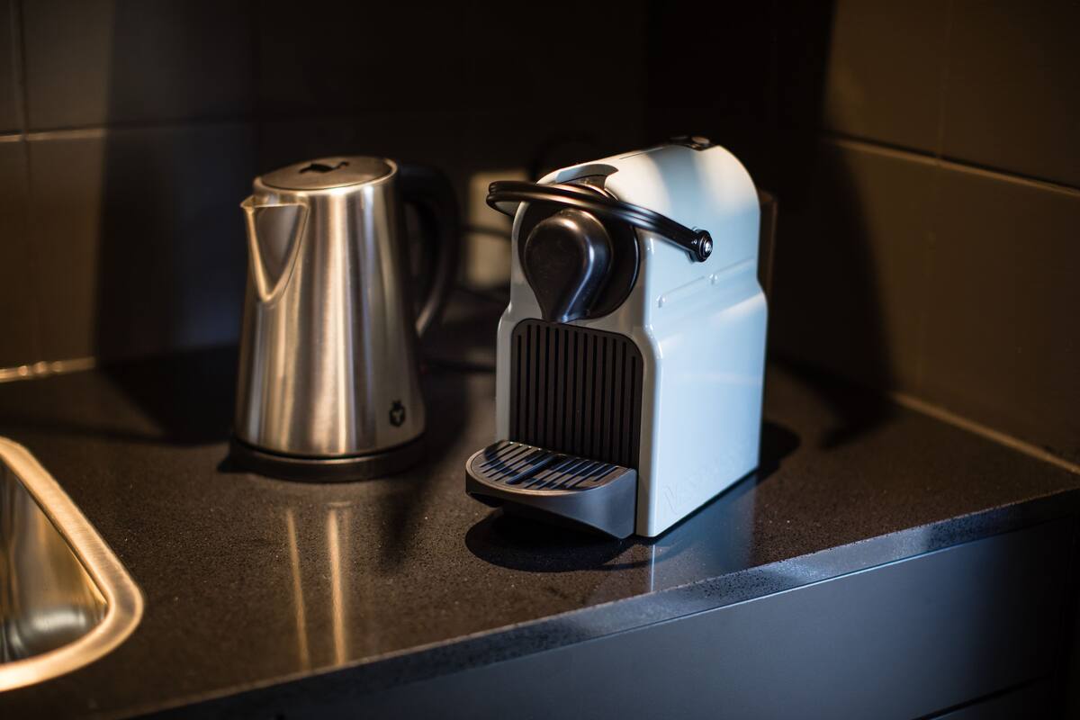 fridge, espresso maker, coffee/tea maker, electric kettle