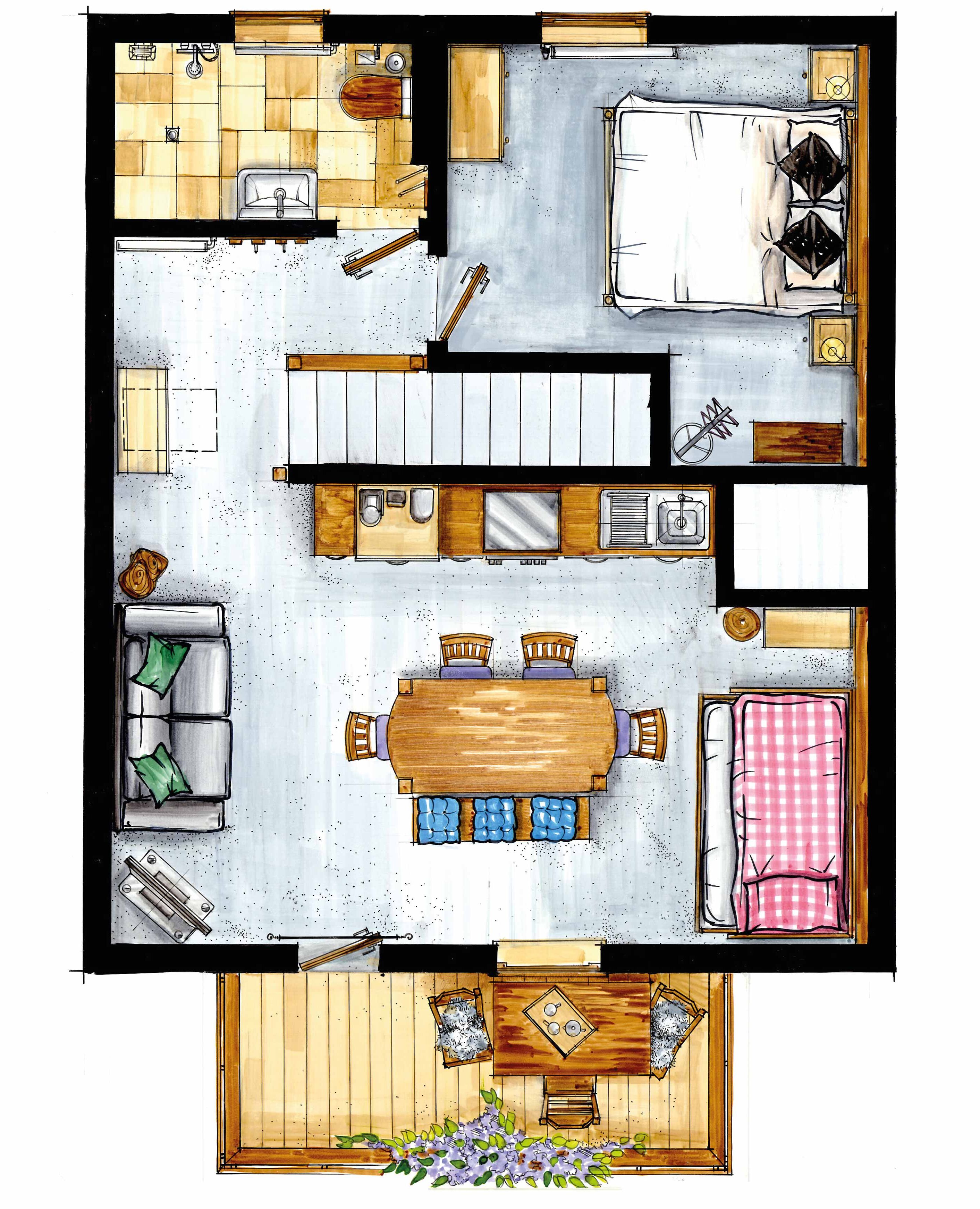 A floor plan of a hotel room with a bed, a sitting area with a table and chairs, a small kitchen, and a bathroom.