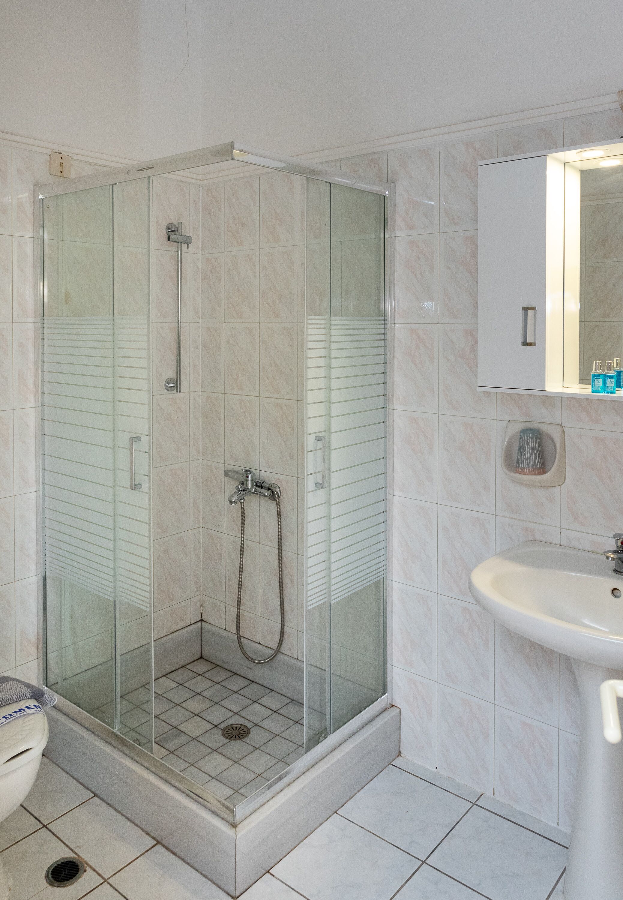 Une salle de bain moderne avec une douche à parois de verre, un lavabo blanc et un miroir au-dessus du lavabo.