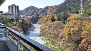 Un valle fluvial con follaje otoñal, un puente y una torre de líneas eléctricas.