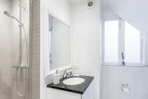 A modern bathroom with a shower, a sink, a mirror, and a window.