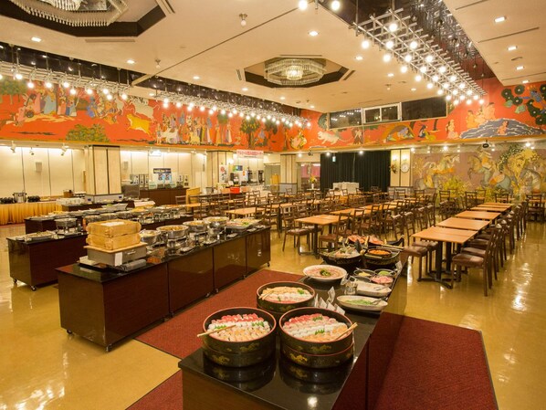 A buffet area with multiple food stations and tables. - Ikaho Grand Hotel (Shibukawa)
