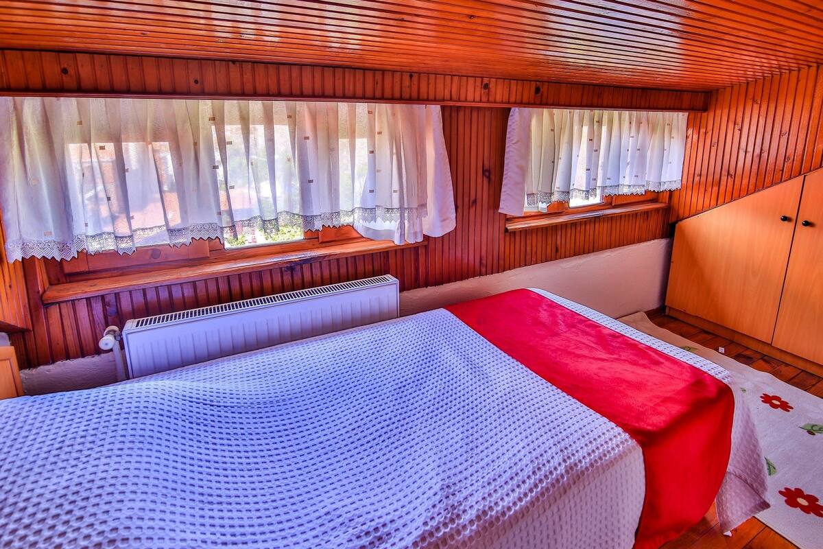 A cabin interior with a bed, a window with curtains, a radiator, and wooden walls.