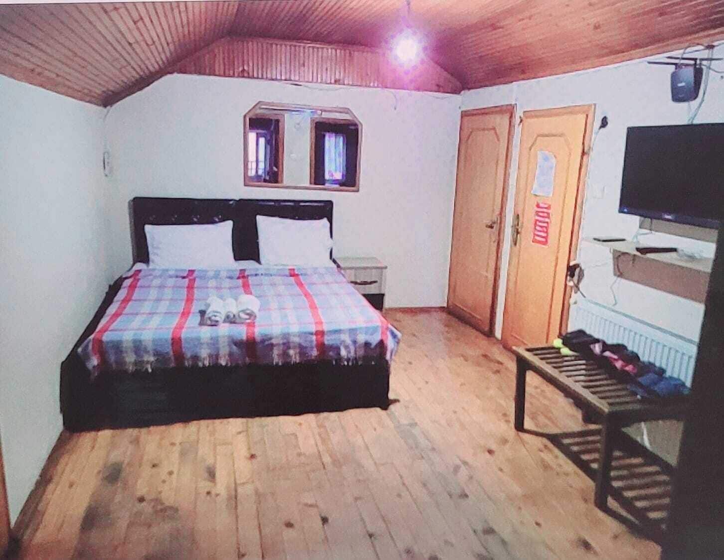 Une chambre à coucher avec un lit, une télévision, un plancher en bois et une porte.
