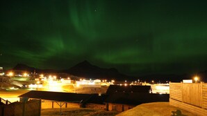 A nighttime view of a town with buildings and a grassy area. - Framtid Hostel (Djupivogur)