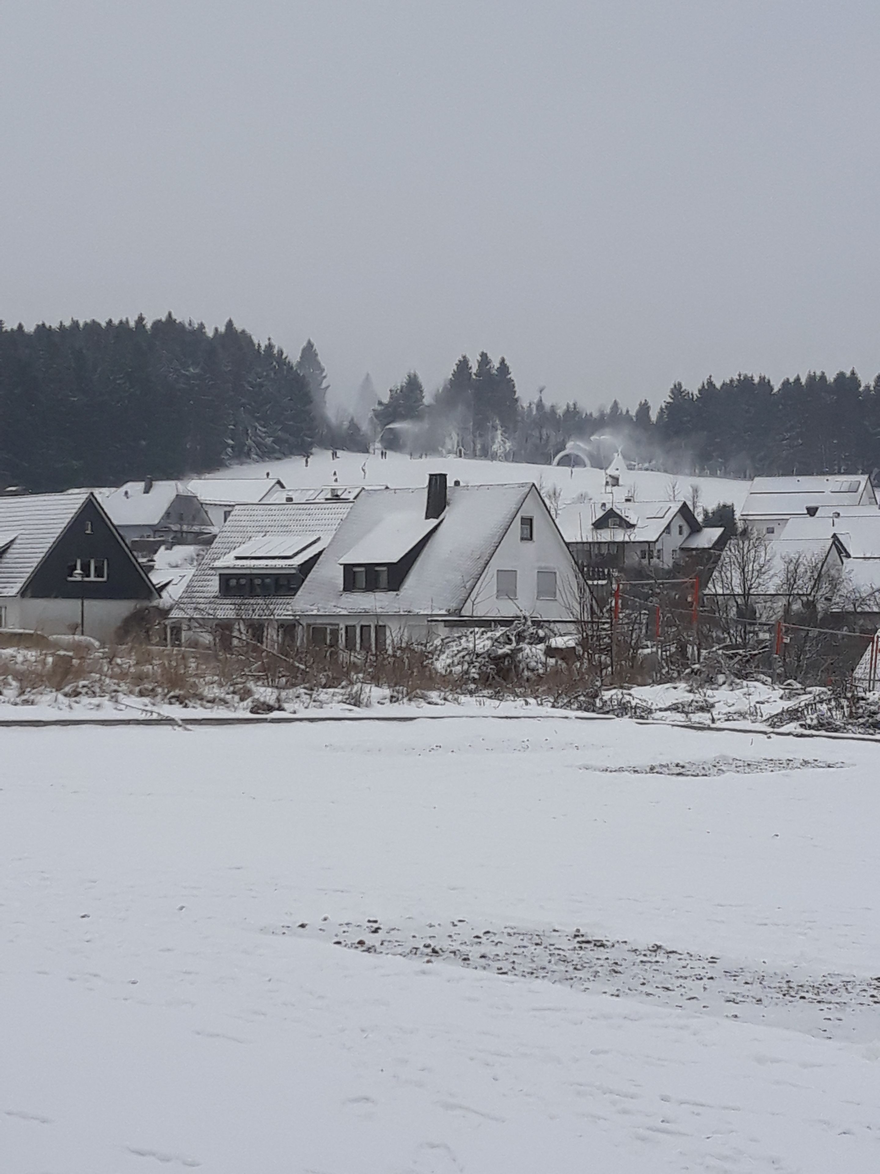 A rural area with houses and a snowy landscape.