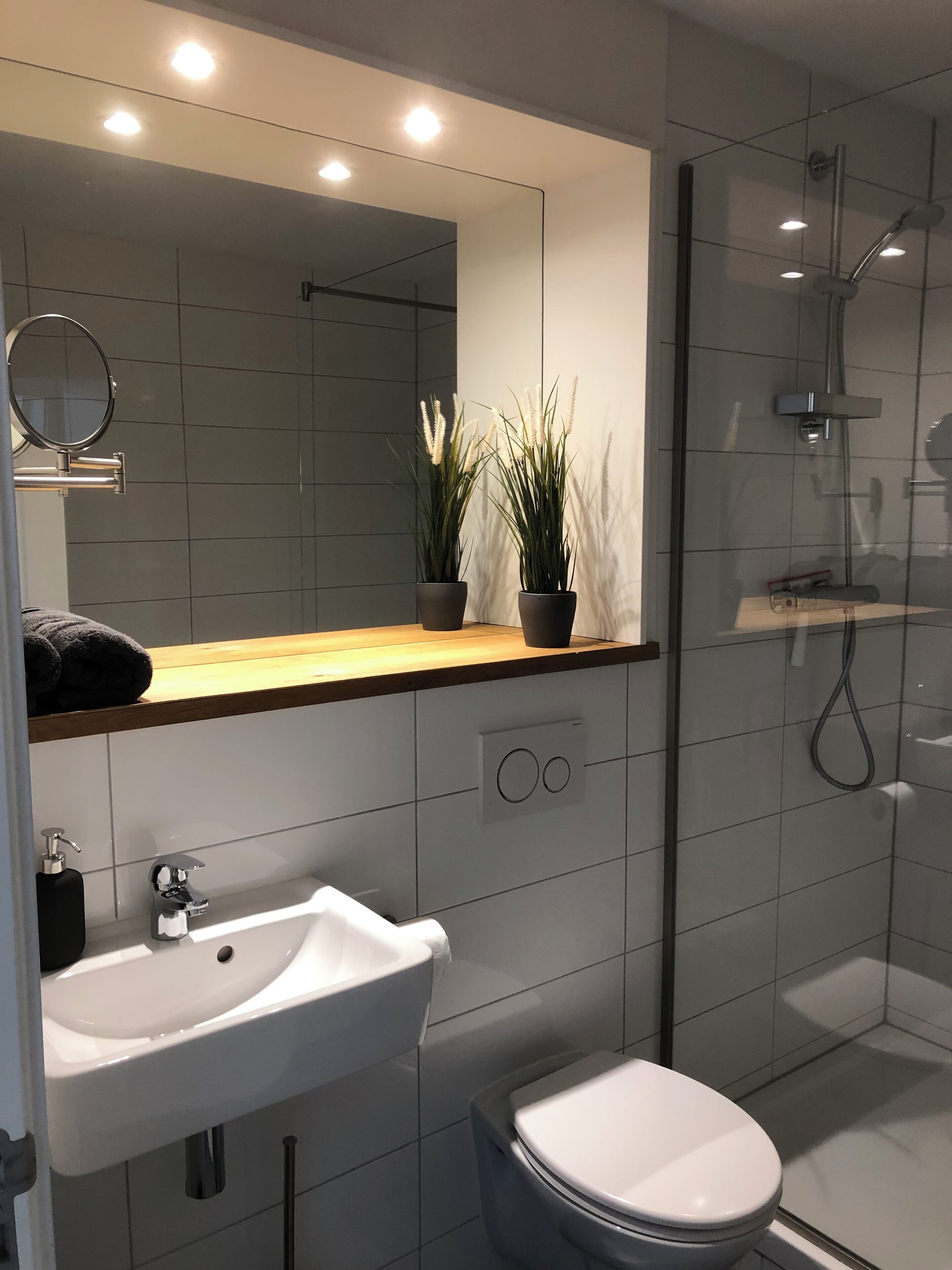 A modern bathroom with a white sink, toilet, and shower. There are two potted plants on the countertop.