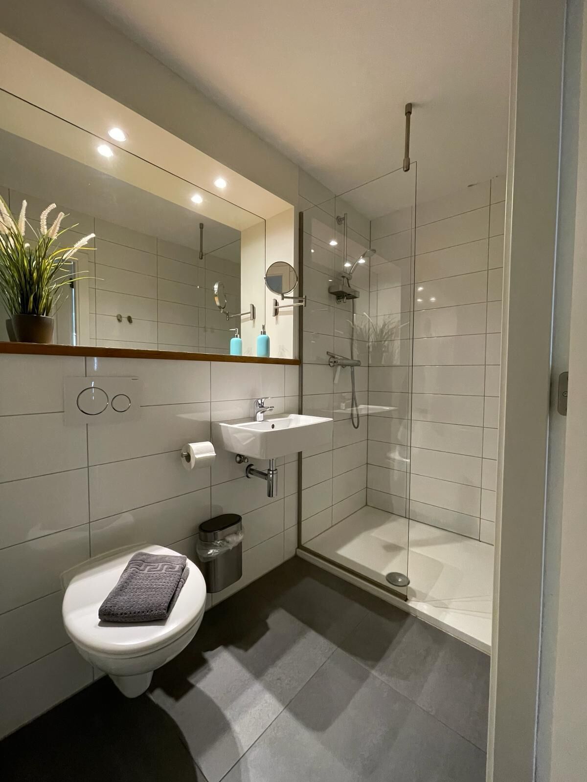 A modern bathroom with a toilet, sink, and glass-enclosed shower.
