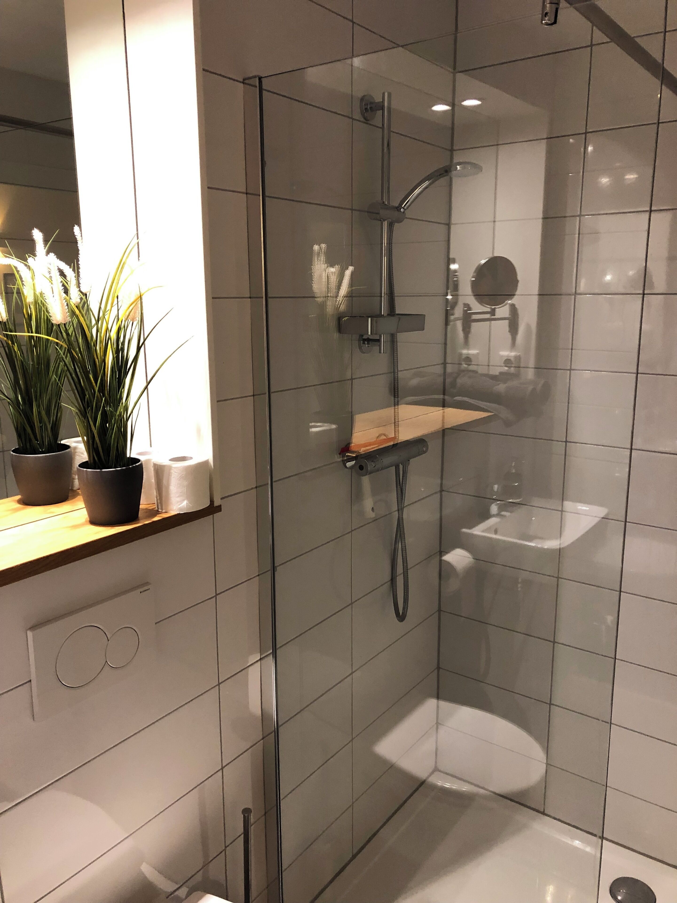 A modern bathroom with a glass-enclosed shower, a wooden shelf with plants, and a white sink.