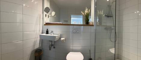 A modern bathroom with a glass shower enclosure, a white sink, and a toilet.