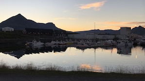 A marina with boats docked, buildings, and a mountain in the background.