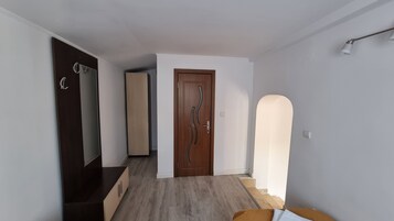 A modern interior with a wooden door, a mirror, a wardrobe, and a staircase.