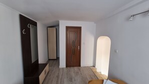 A modern interior with a wooden door, a mirror, a wardrobe, and a staircase.