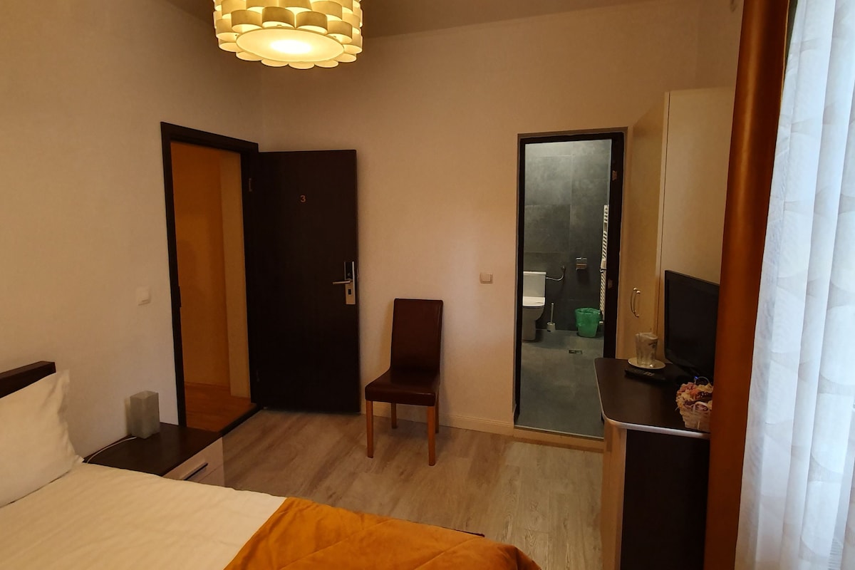 A hotel room with a bed, a chair, a desk, a television, and a mirror.