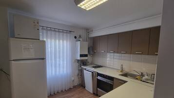 A compact kitchen with a refrigerator, stove, sink, and dishwasher.