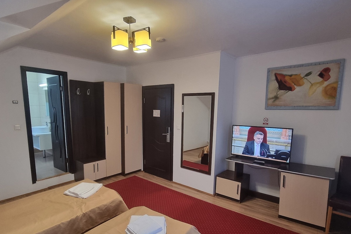 A hotel room with a bed, a television, a desk, and a mirror.