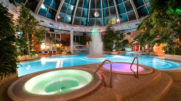 2 indoor pools, outdoor pool, pool loungers