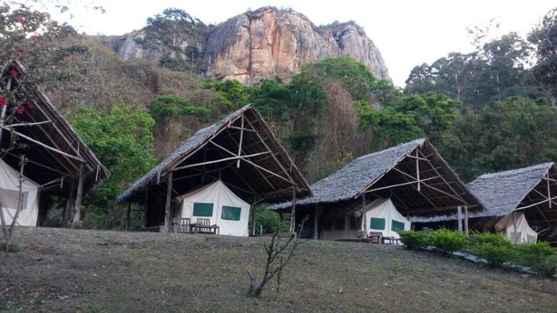 A row of thatched-roof huts with white walls and green windows, set against a backdrop of a rocky cliff and dense forest. - St. Eugene's Hostel (Lushoto)