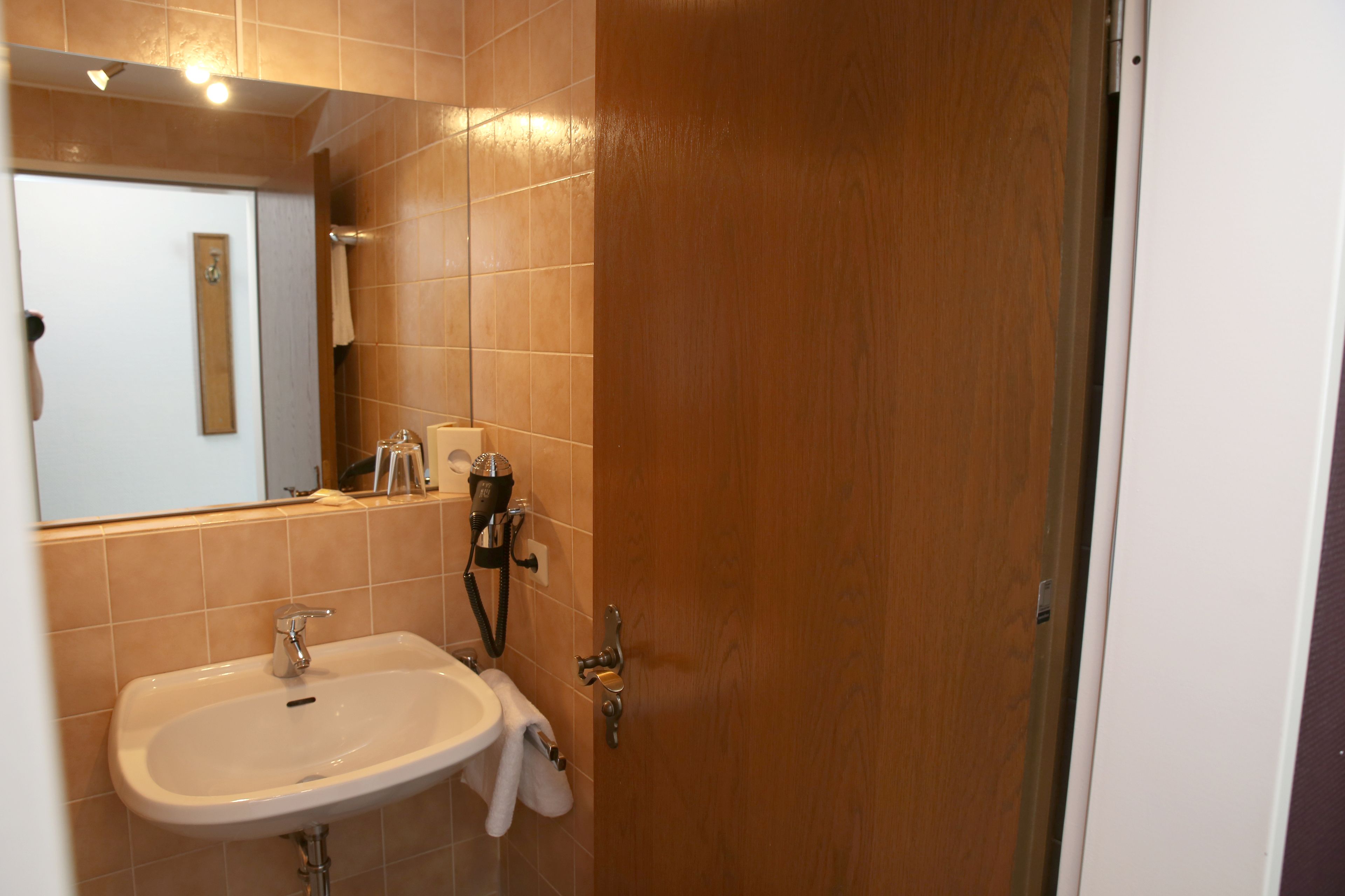 A bathroom with a sink, mirror, and wooden door.