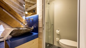Ein Badezimmer mit Holzboden, einer Duschkabine aus Glas, einem Waschbecken mit Natursteinbecken und einer Toilette.