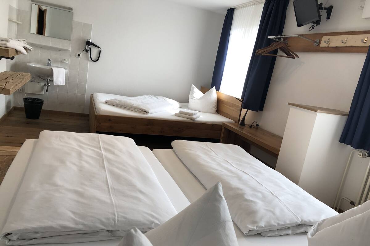 Een hotelkamer met twee bedden, een houten vloer, een wastafel en een spiegel.