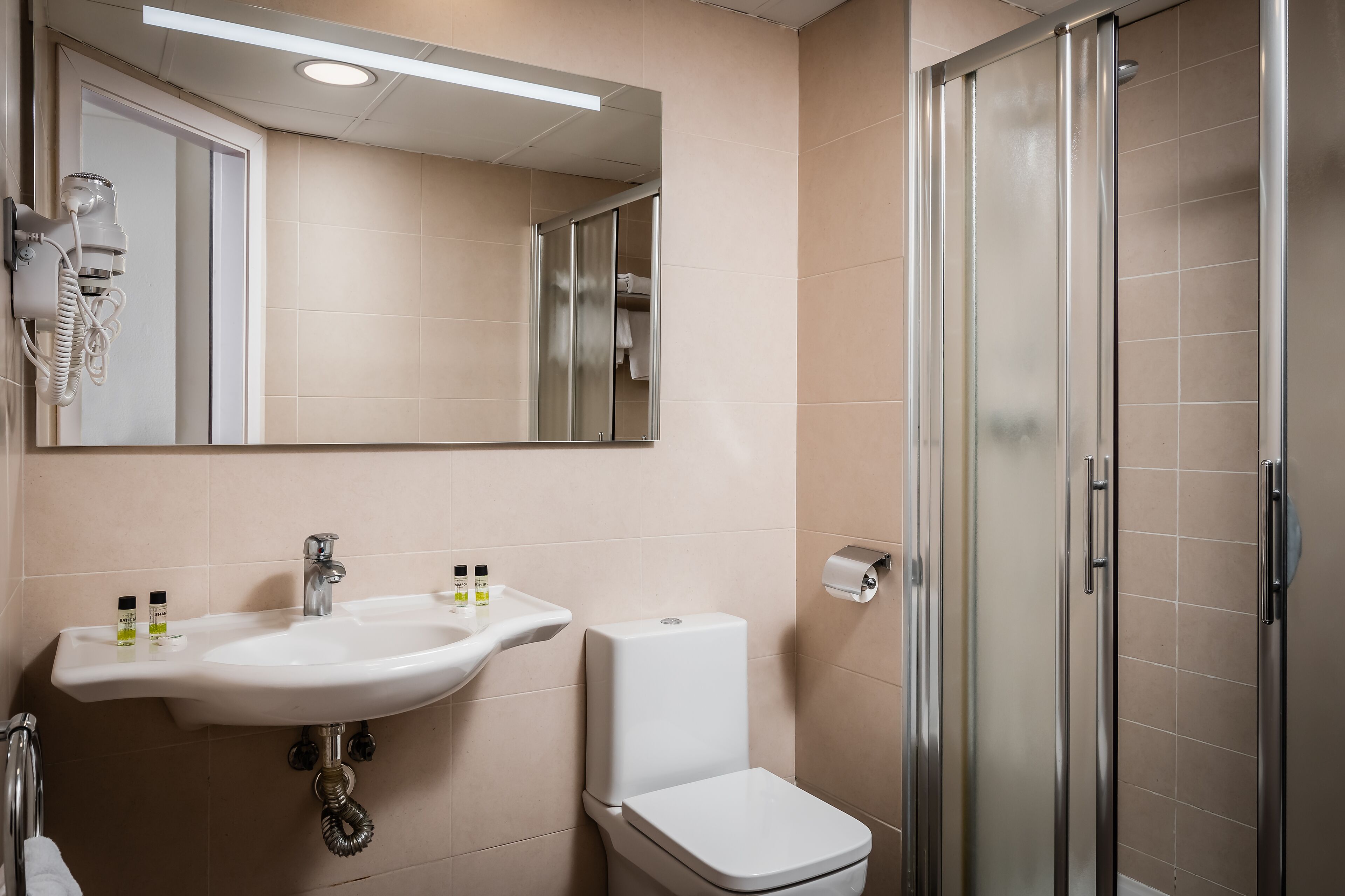 shower, free toiletries, hair dryer, towels