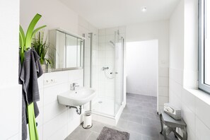 Lägenhet Comfort - 1 dubbelsäng - utsikt mot staden | Badrum | Dusch och handdukar