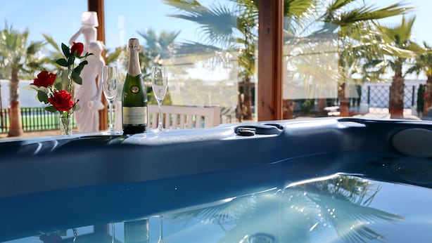 A pool table with a bottle of Cristaline wine and a glass, surrounded by palm trees and a statue. - Cortijo Los Naranjos de San Juan (Las Cabezas de San Juan)