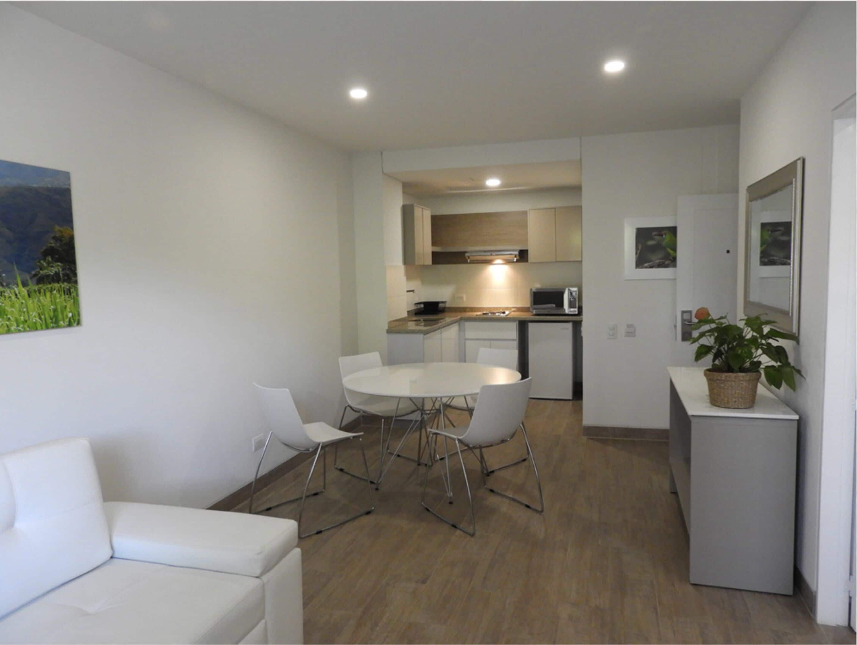 A modern, compact living space with a kitchenette, a dining area with a round table and chairs, and a small seating area with a white sofa.