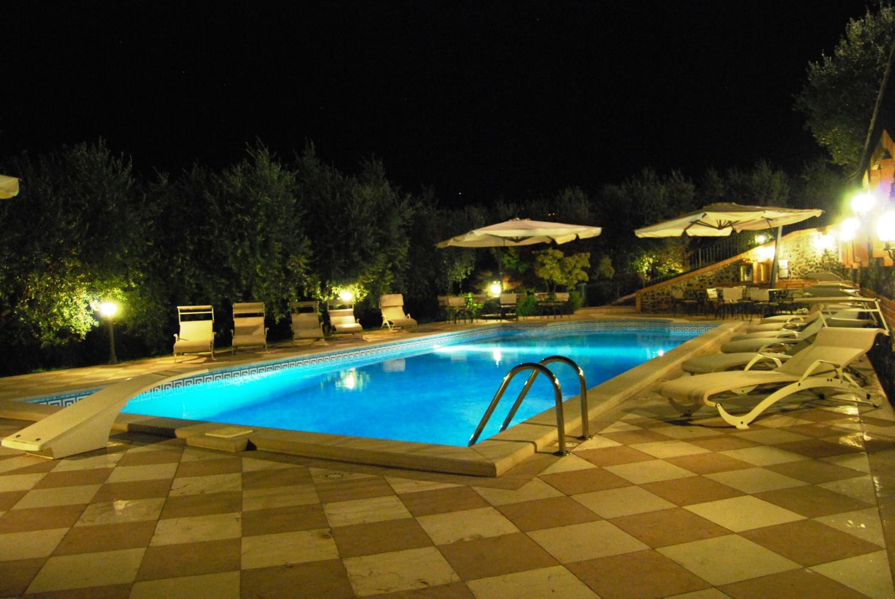 Piscina con sillones de descanso y sombrillas, rodeada de árboles y un suelo a cuadros.
