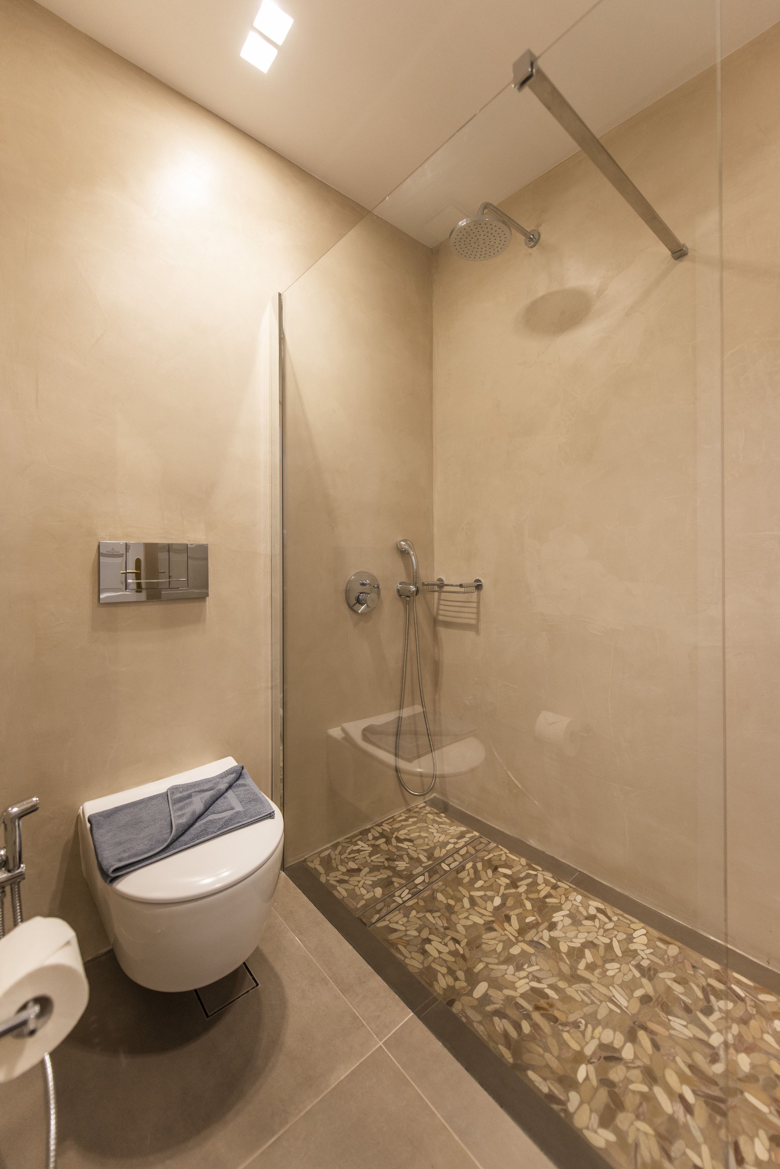 A modern bathroom with a toilet, bidet, and shower area.