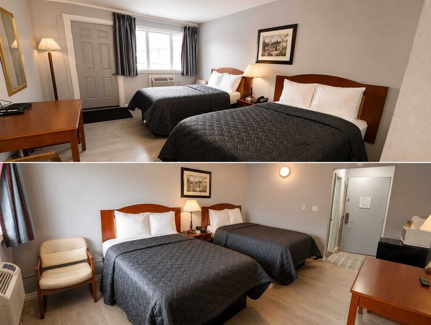 Habitación doble estándar, 2 camas matrimoniales | Escritorio, tabla de planchar con plancha, wifi gratis y ropa de cama 