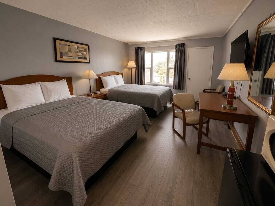 Habitación, 2 camas de matrimonio | Escritorio, tabla de planchar con plancha, wifi gratis y ropa de cama