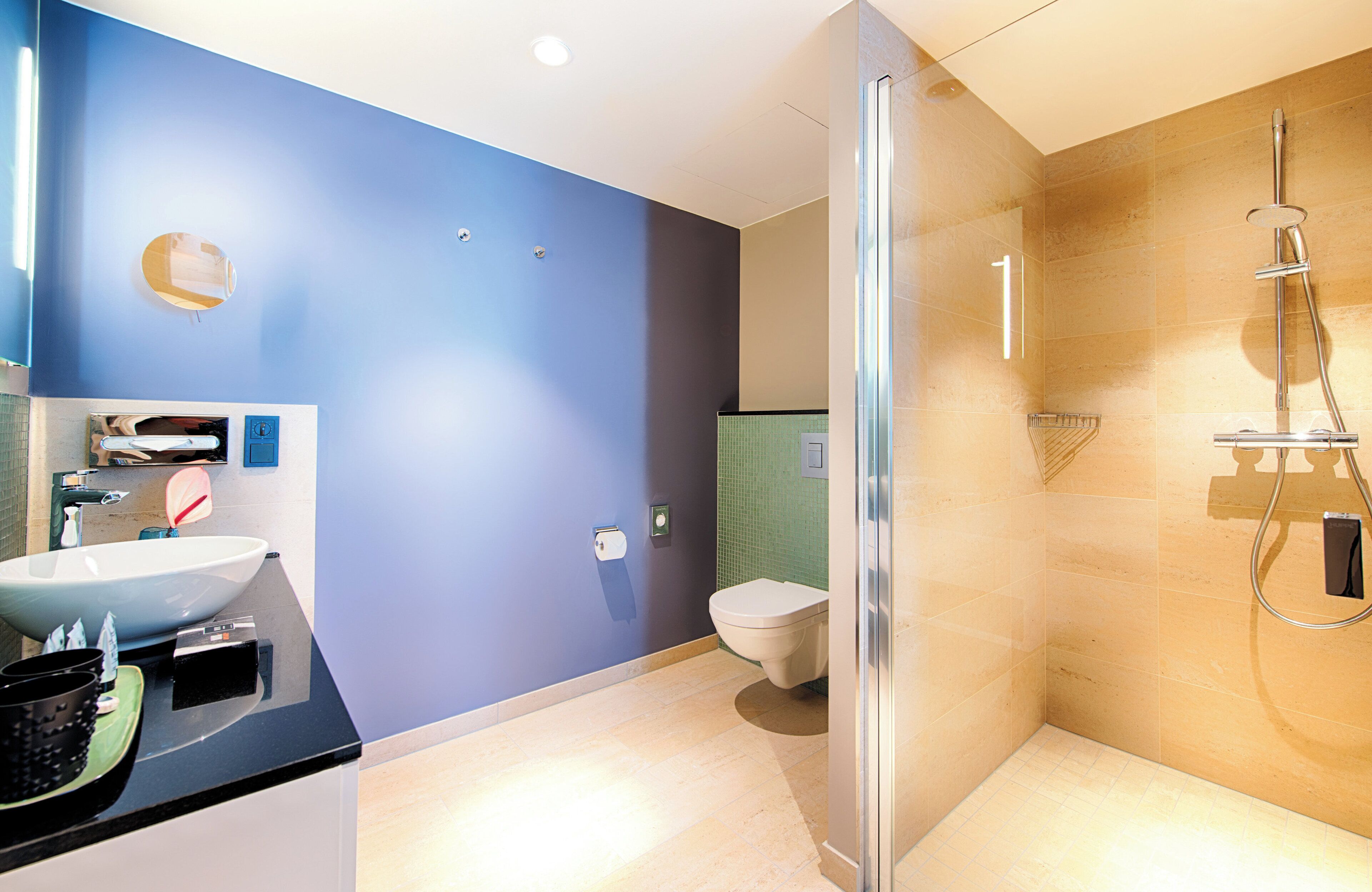 A modern bathroom with a large sink, toilet, and glass-enclosed shower area.