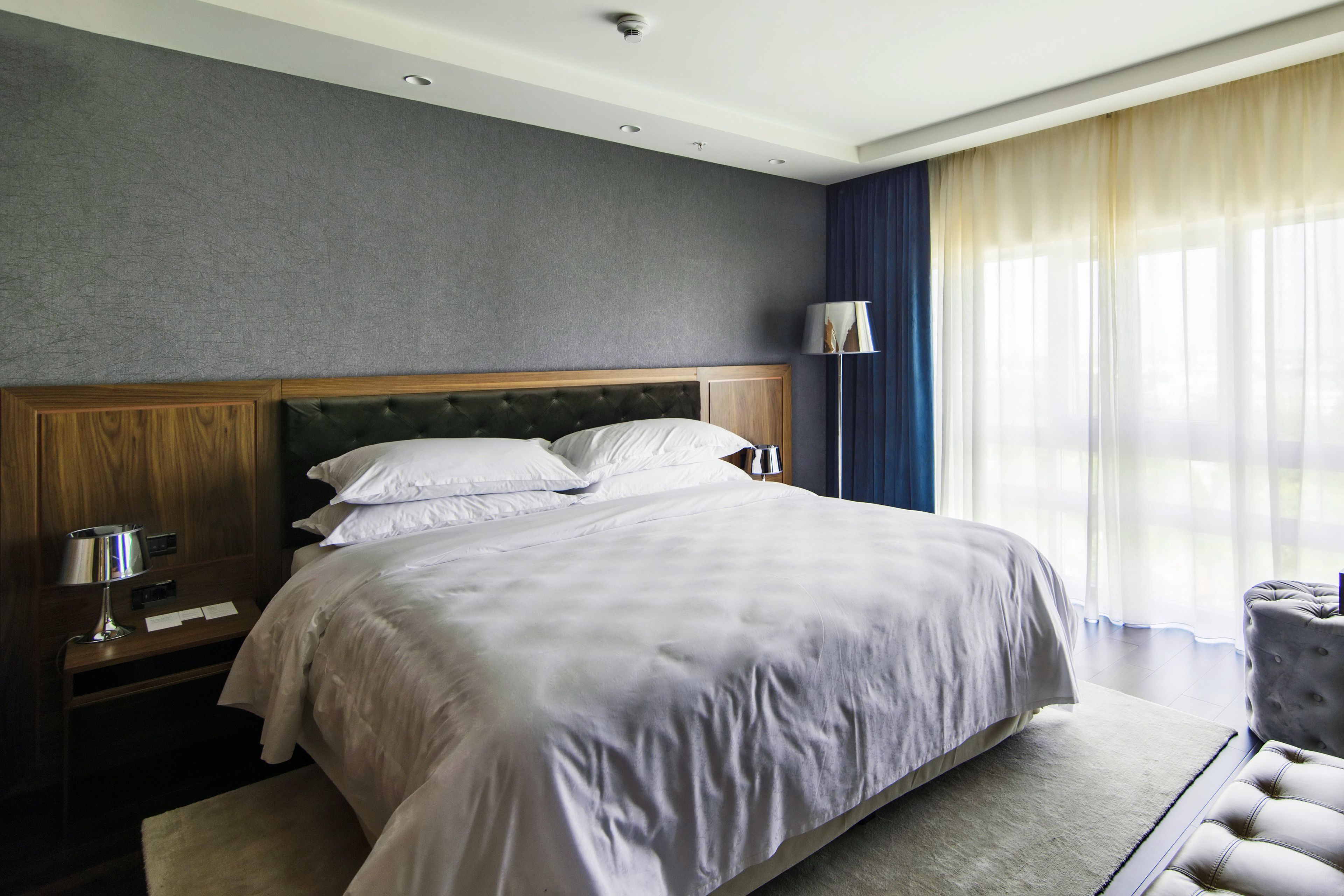 A modern hotel room with a large bed, a nightstand, a lamp, and a view of the outdoors through sheer curtains.