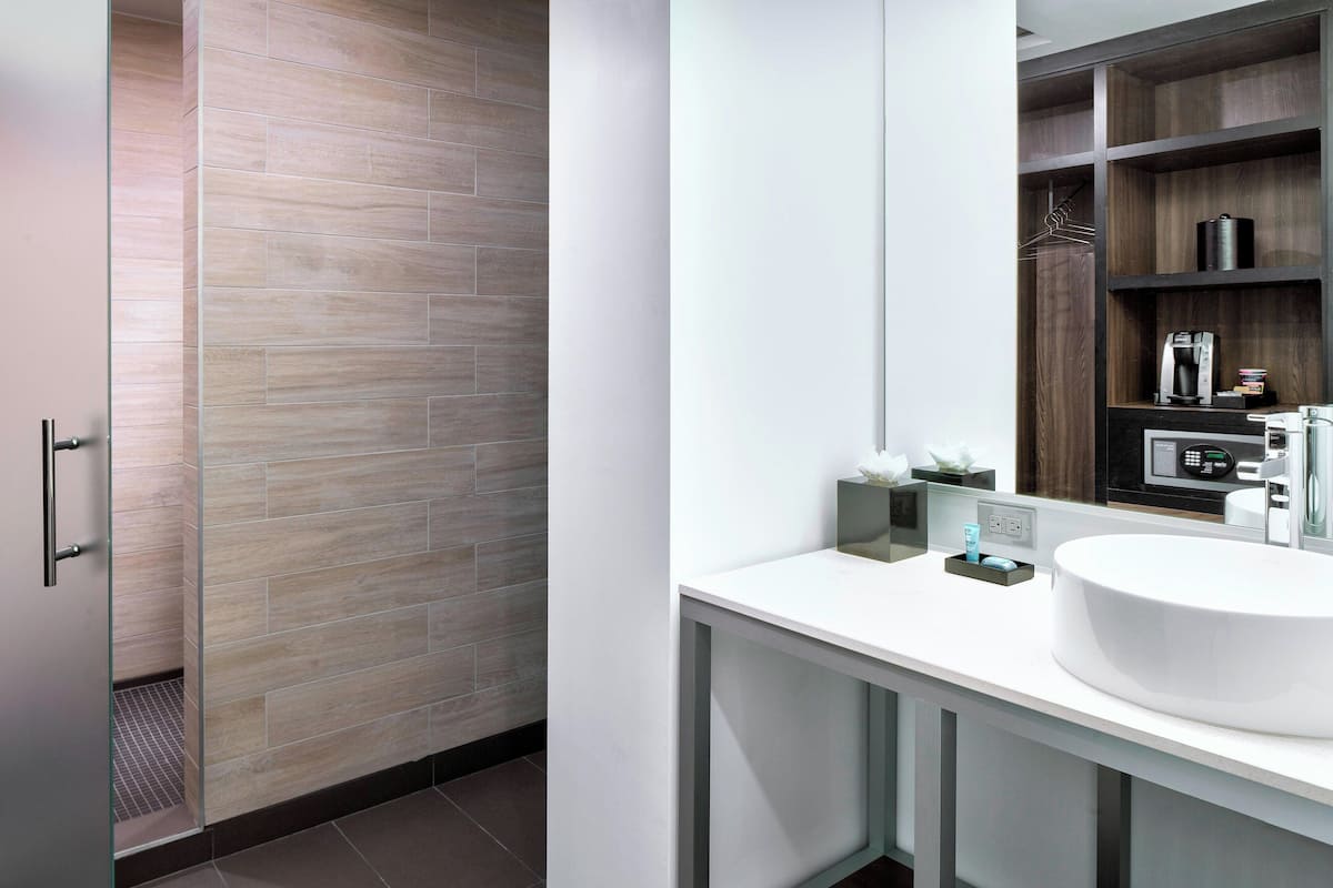 shower, designer toiletries, hair dryer, towels