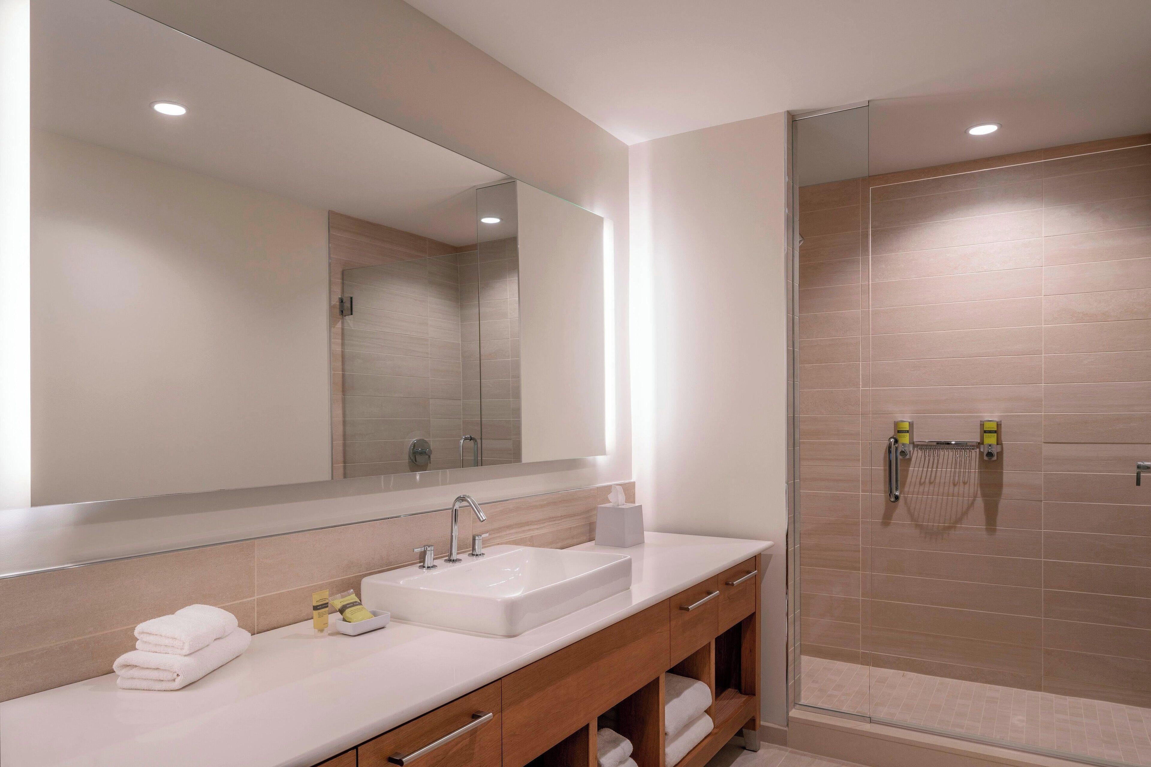 shower, rainfall showerhead, free toiletries, hair dryer