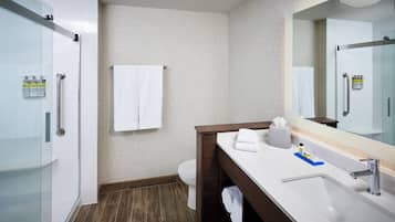 A modern bathroom with a glass shower enclosure, a white toilet, a wooden vanity with a mirror, and a white sink.