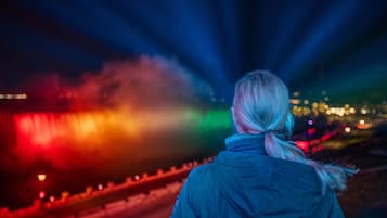A person with a ponytail standing outdoors at night, facing a colorful light display.