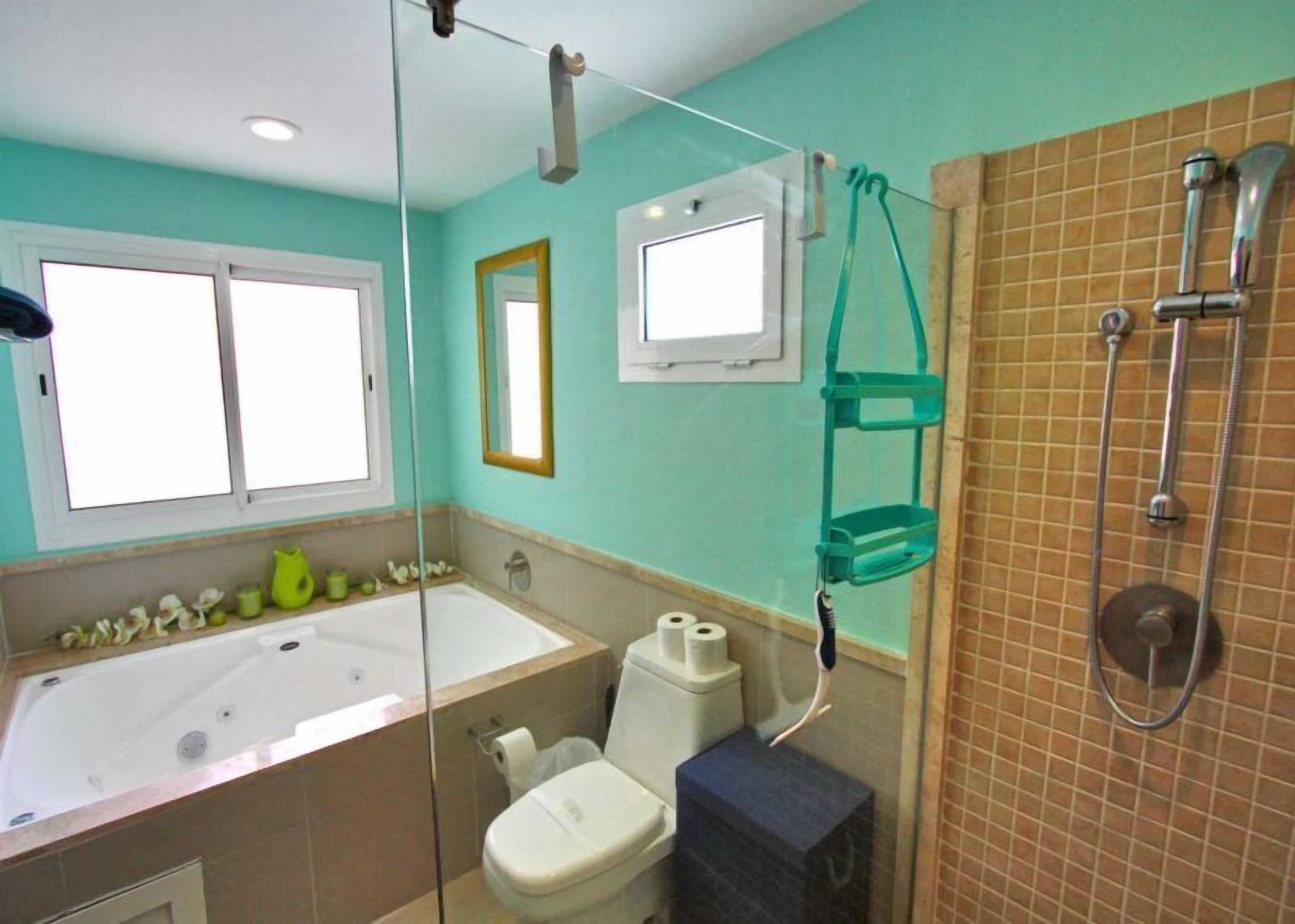 A bathroom with a bathtub, toilet, and shower. There are windows and a mirror.