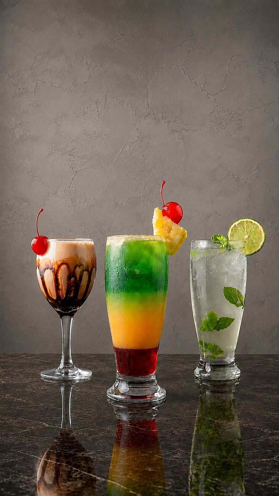 Tres bebidas diferentes en vasos sobre una superficie reflectante.